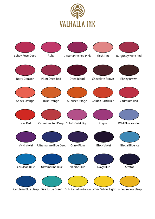 A color palette chart titled "Valhalla Ink," featuring 36 different colored tattoo ink swatches with labels, including shades like Schev Rose Deep, Ruby, Ultramarine Red Pink, Burgundy Wine Red, Shock Orange, Cadmium Red Deep, Vivid Violet, Black Violet, Cerulean Blue Deep, and more.