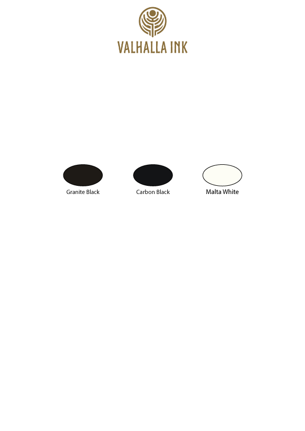 An image shows the Valhalla Ink logo at the top. Below it are three tattoo ink color samples labeled Granite Black (dark gray), Carbon Black (black), and Malta White (white). The samples are depicted as horizontal ovals.